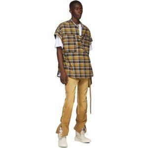 NEW! Fear of God Tan Plaid Short Sleeve Band Collar Flannel Shirt - Men's Size S
